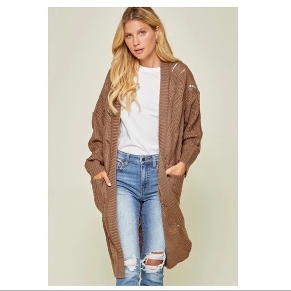 Griffen Cocoa Open From Loose Cable Knit Cardigan Sweater - Picture 3 of 5